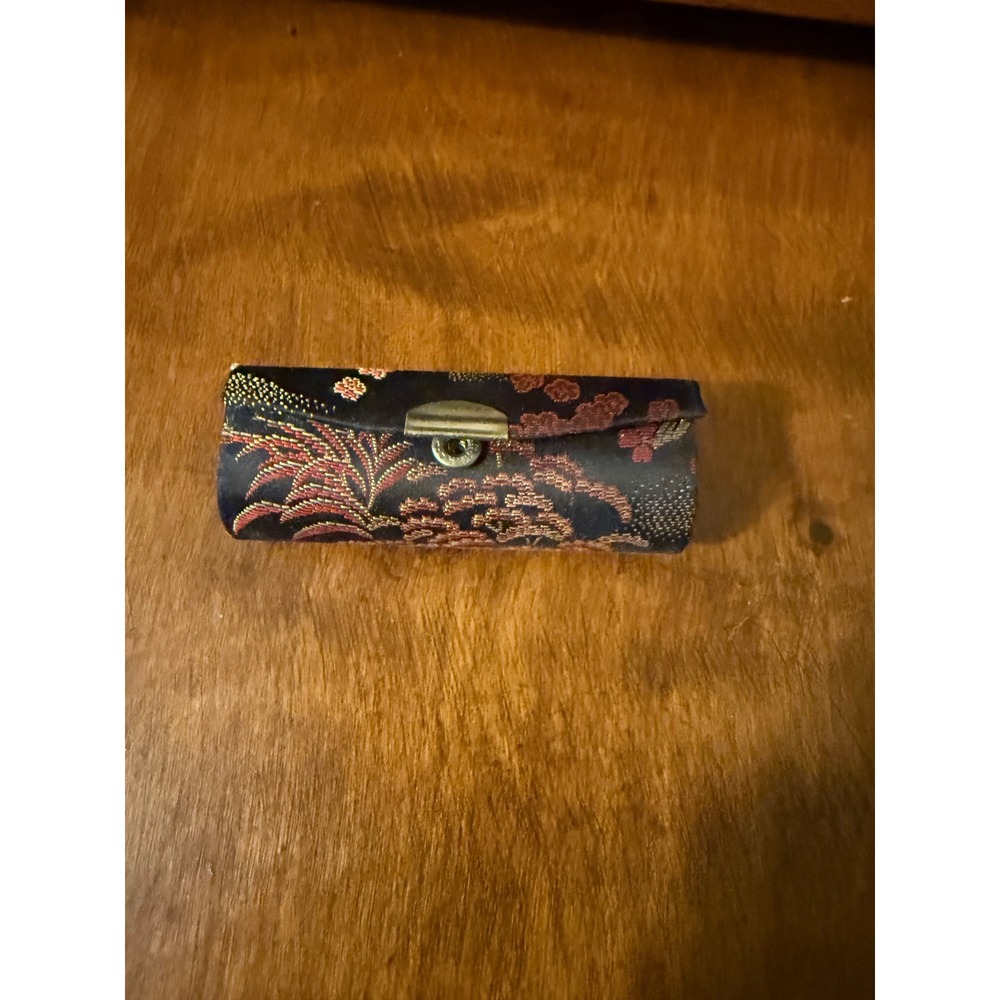 Vintage Black Brocade Lipstick Case with Mirror Floral‎ Red Gold Snap Closure